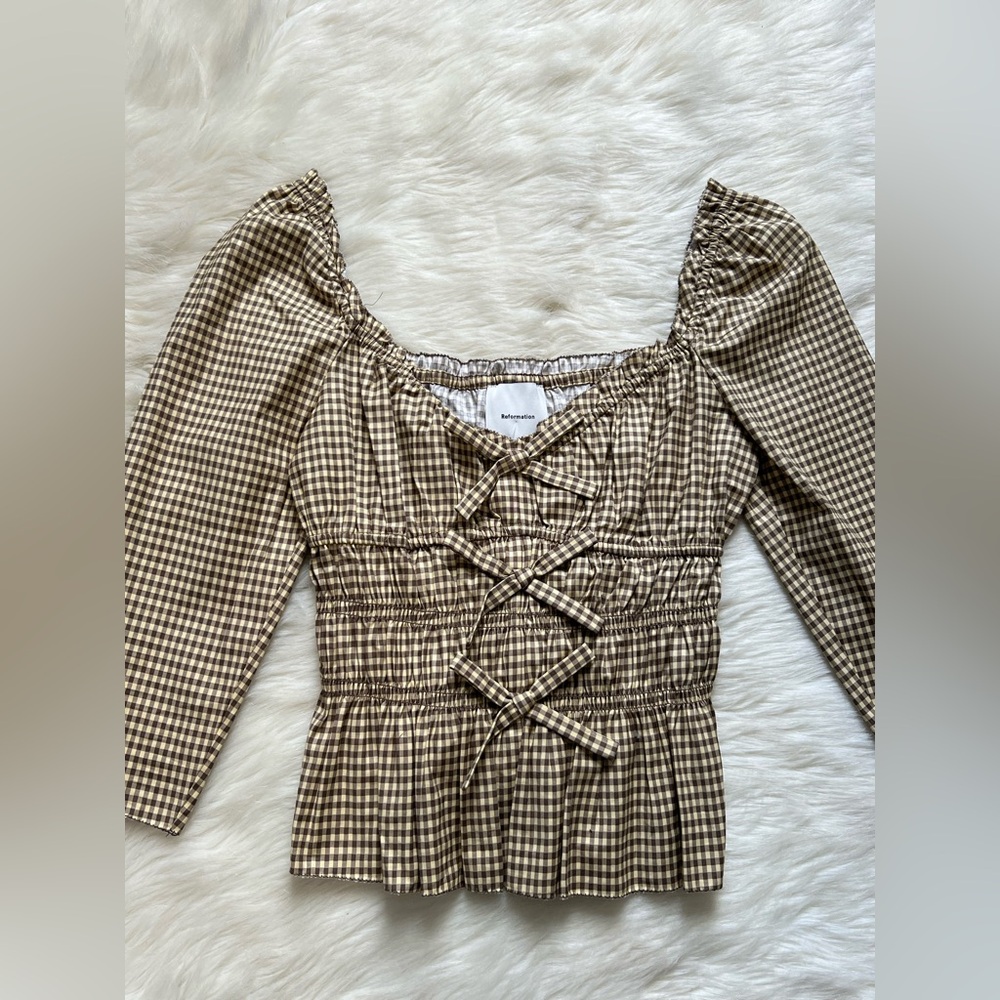 NWOT Reformation Lauryn Gingham Cotton Top Color: Neutral Pattern Sz 8 - Picture 7 of 11